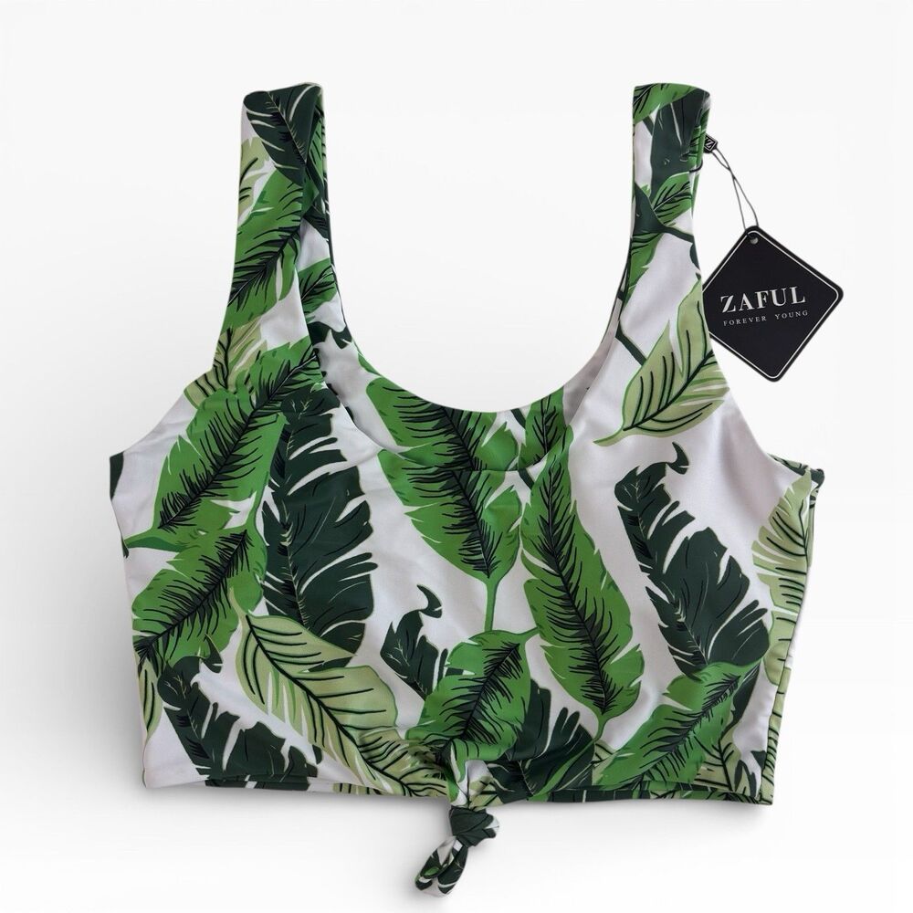 New Zaful Women’s Tankini Top Small Green Palm Print Tie Front Tropical Vacation